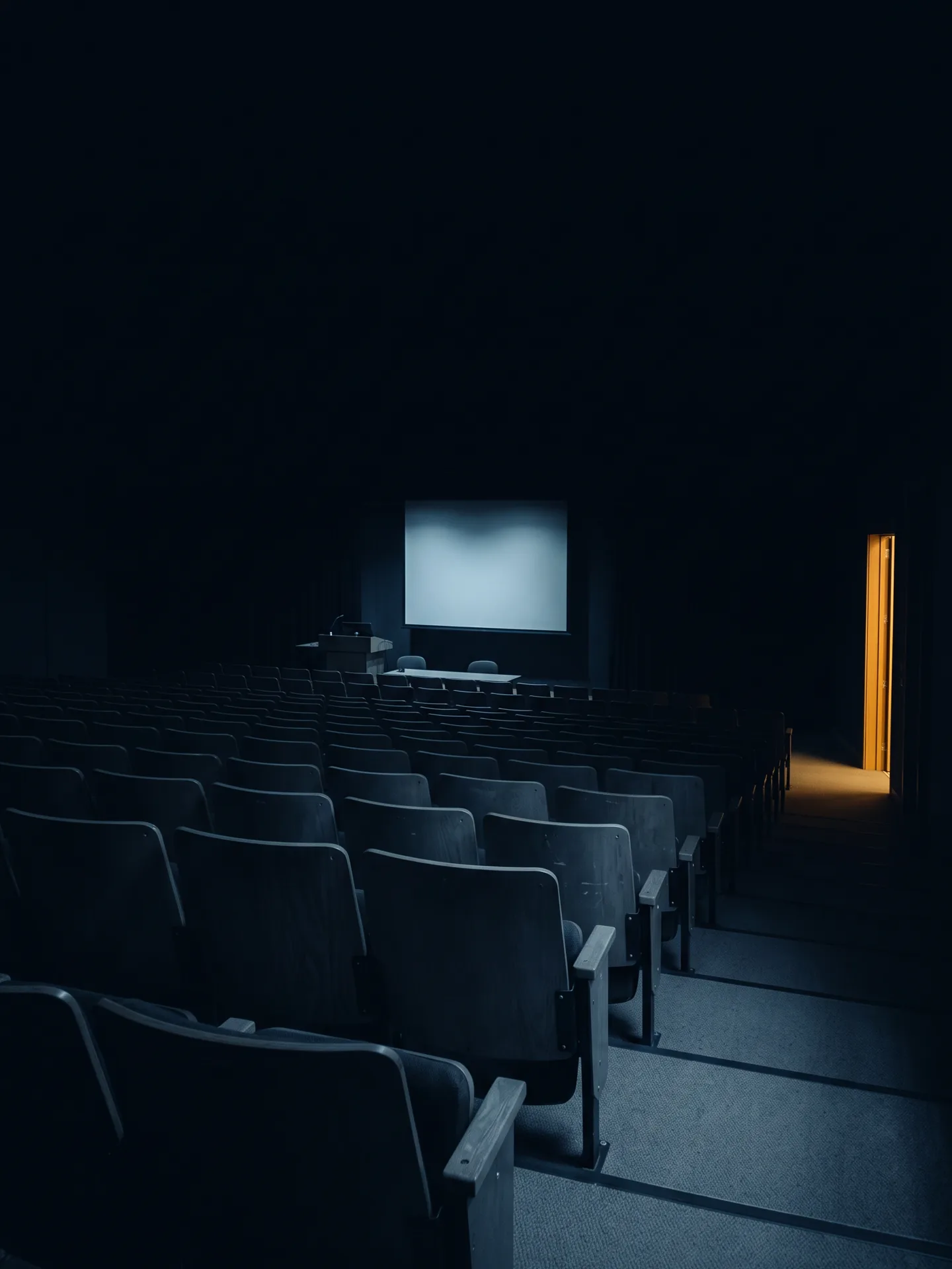 An empty tiered lecture theatre at night, lit only by a projection screen and a strip of corridor light