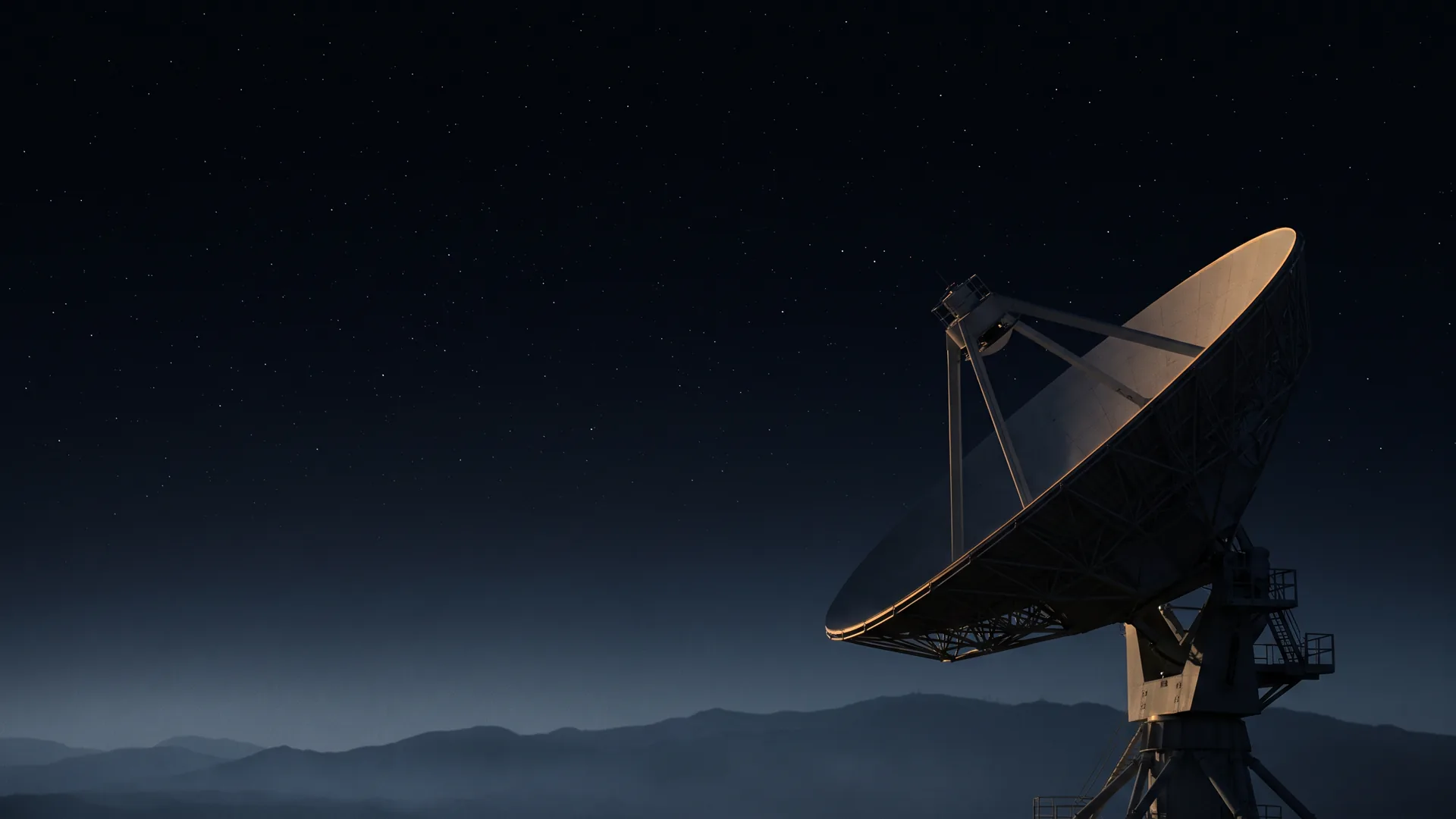 A large parabolic radio telescope dish on a desert ridge before dawn, its rim catching one edge of light
