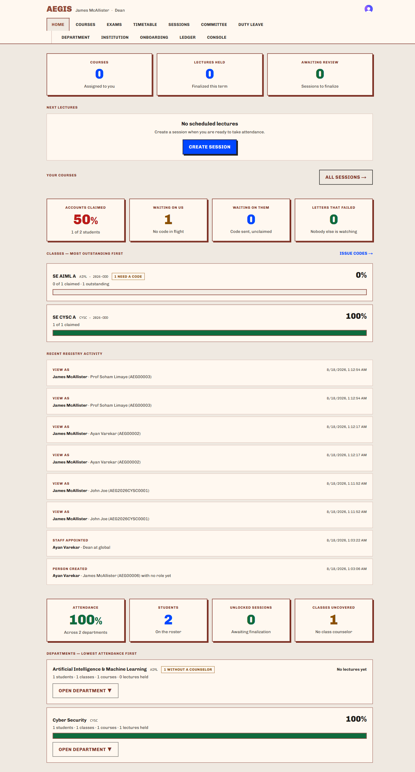 The Dean's institution-wide dashboard in AEGIS