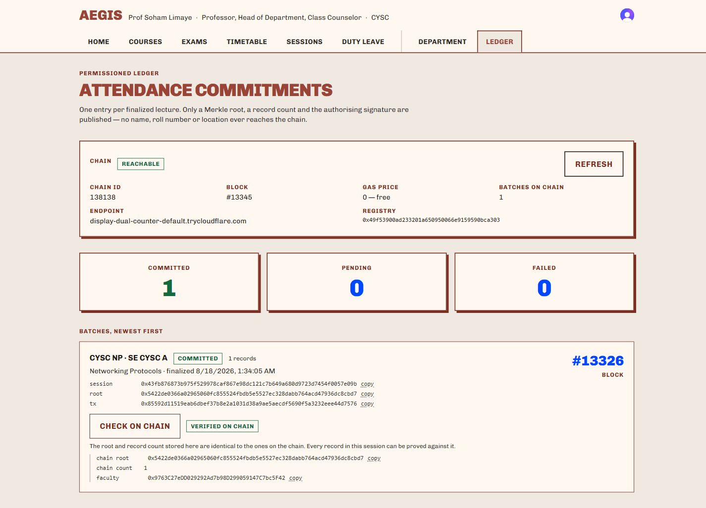 AEGIS ledger showing an attendance batch verified on chain