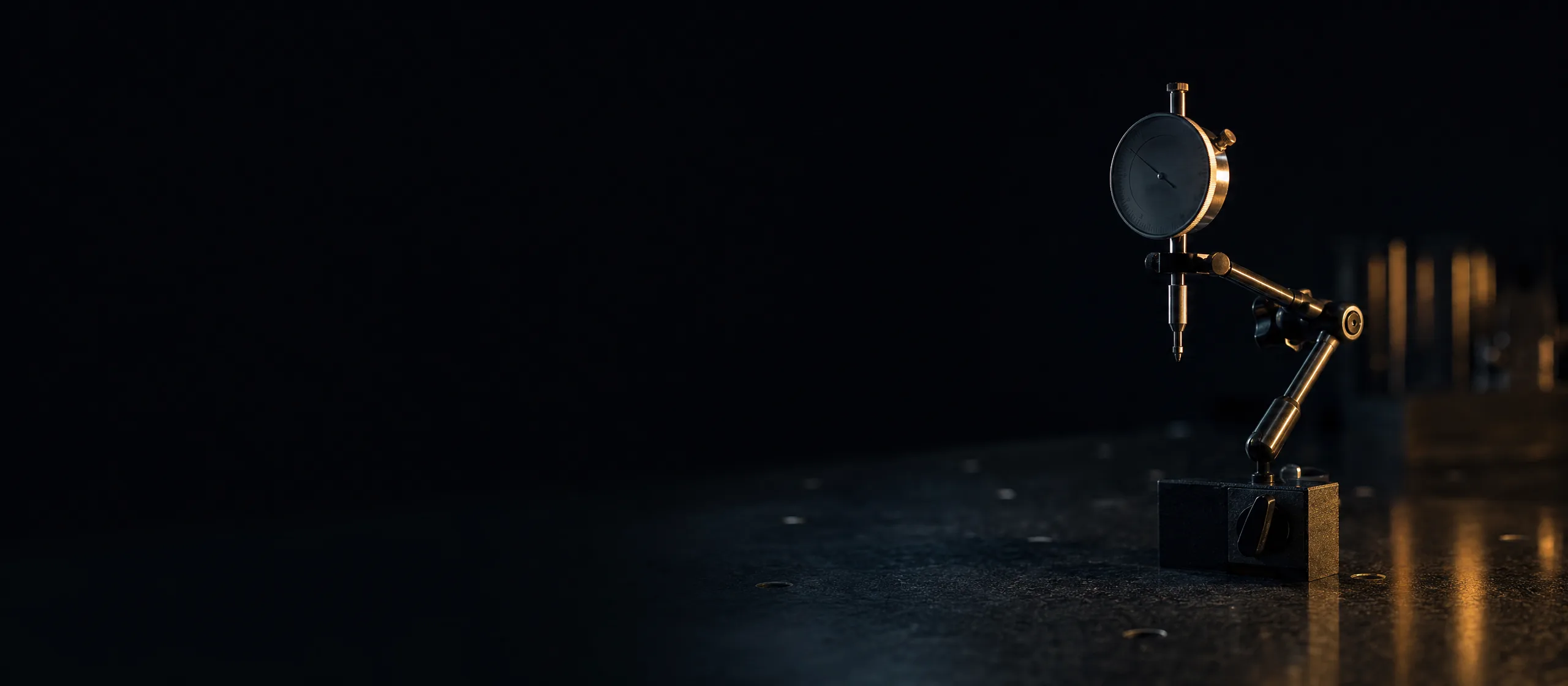 A machinist's dial indicator on a black granite surface plate in a dark calibration lab